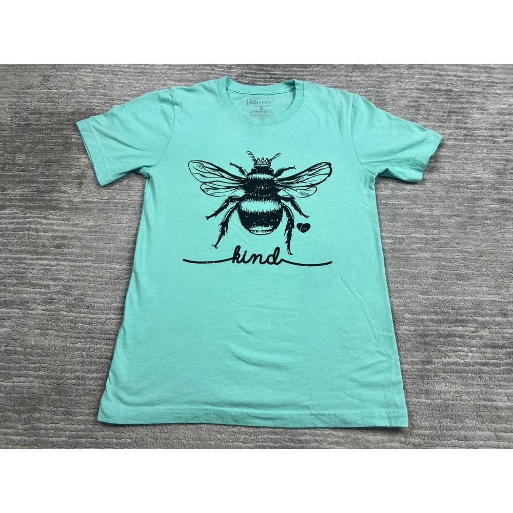 Lulu + Mac T-Shirt Womens Small Teal Bee Kind Graphic Short Sleeve Crew Neck Tee